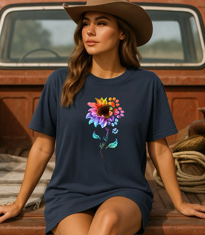 Be Kind Sunflower Paw Print Shirt, Colorful Floral Animal Lover T-Shirt