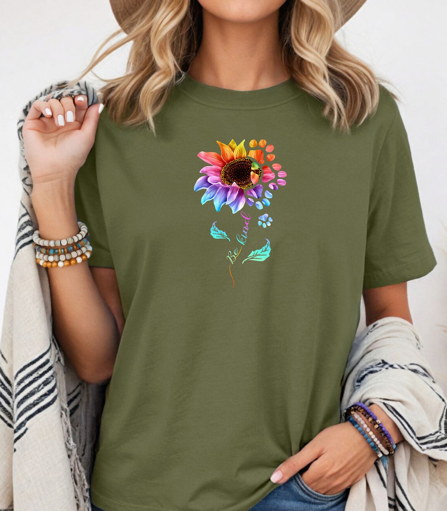 Be Kind Sunflower Paw Print Shirt, Colorful Floral Animal Lover T-Shirt