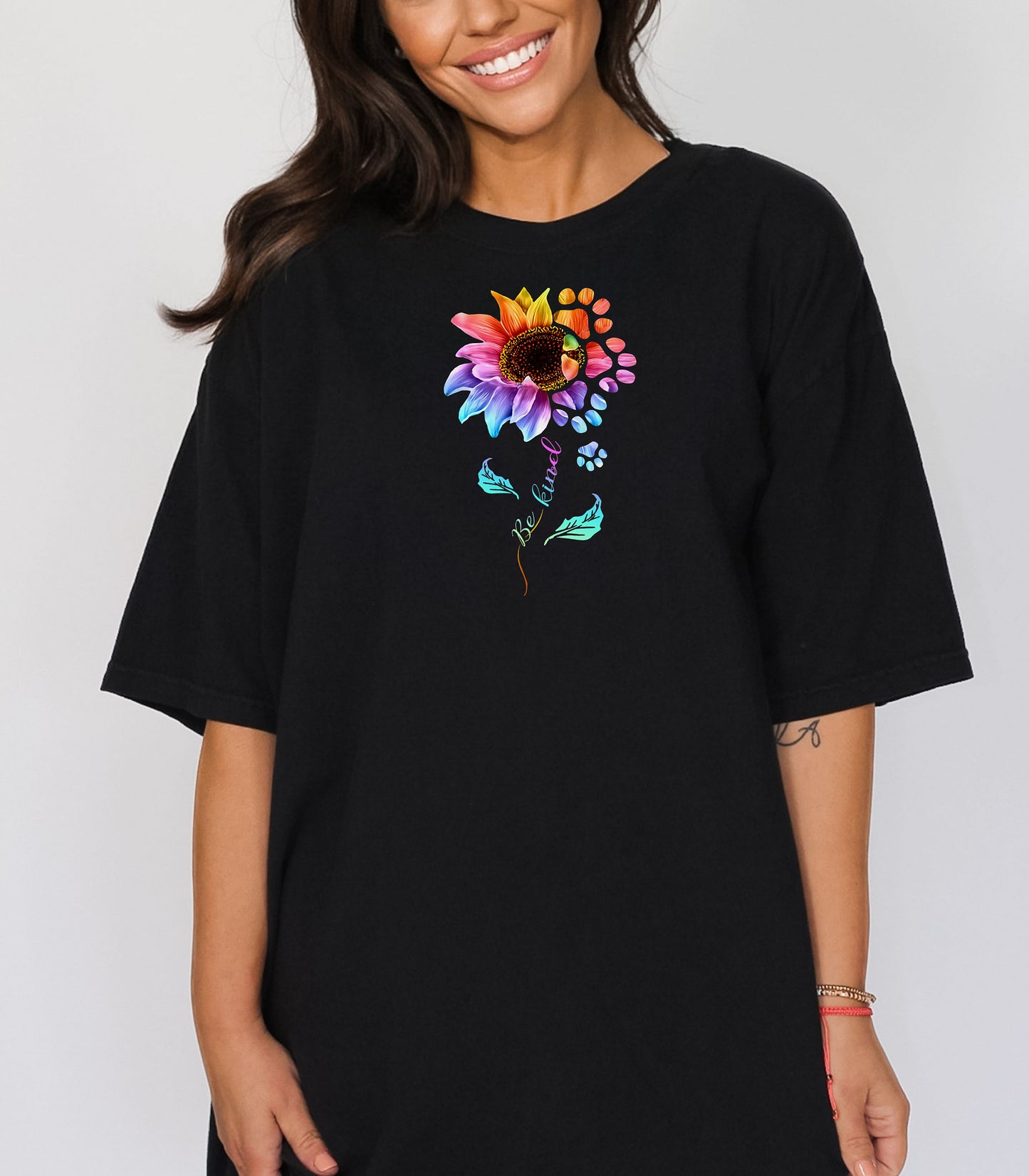 Be Kind Sunflower Paw Print Shirt, Colorful Floral Animal Lover T-Shirt