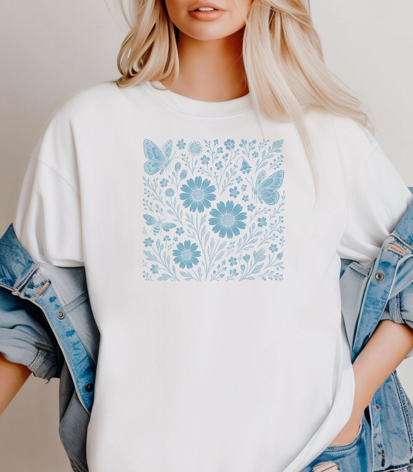 Blue Floral Butterfly Shirt, Monochrome Nature Bee & Wildflower T-Shirt
