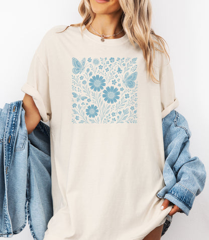 Blue Floral Butterfly Shirt, Monochrome Nature Bee & Wildflower T-Shirt