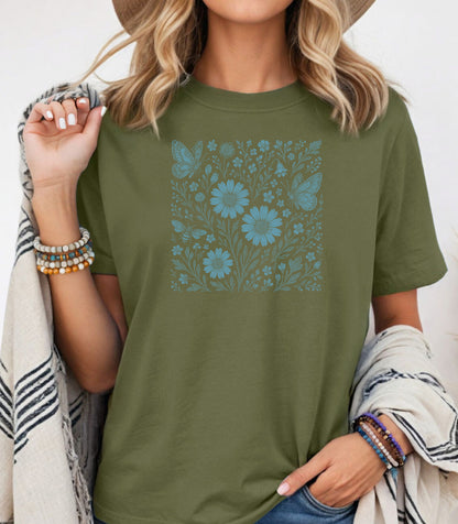 Blue Floral Butterfly Shirt, Monochrome Nature Bee & Wildflower T-Shirt