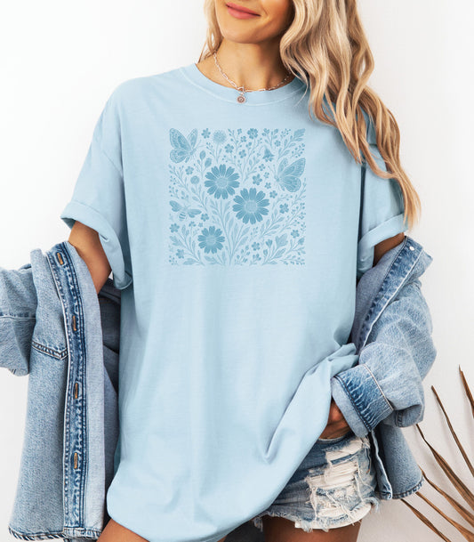 Blue Floral Butterfly Shirt, Monochrome Nature Bee & Wildflower T-Shirt