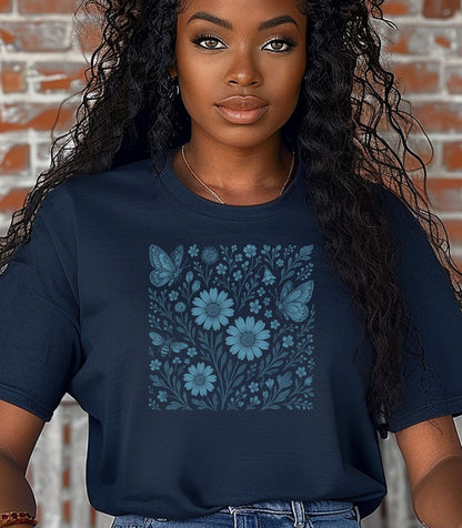 Blue Floral Butterfly Shirt, Monochrome Nature Bee & Wildflower T-Shirt