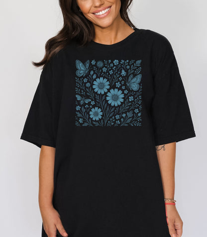 Blue Floral Butterfly Shirt, Monochrome Nature Bee & Wildflower T-Shirt