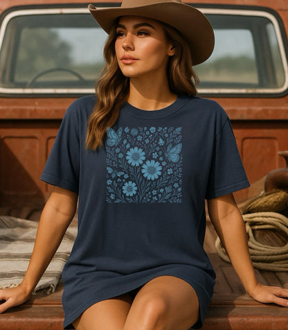 Blue Floral Butterfly Shirt, Monochrome Nature Bee & Wildflower T-Shirt