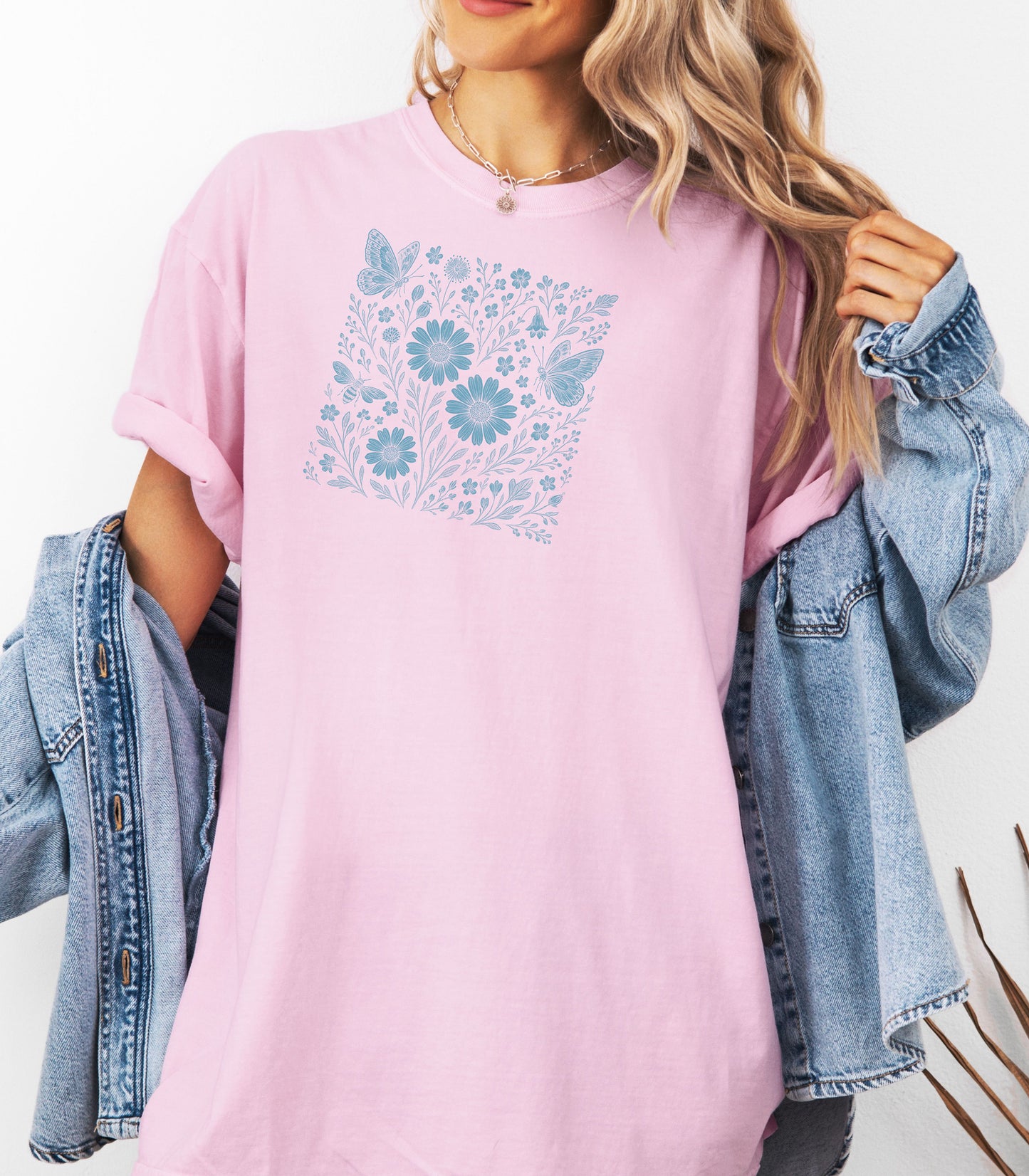 Blue Floral Butterfly Shirt, Monochrome Nature Bee & Wildflower T-Shirt