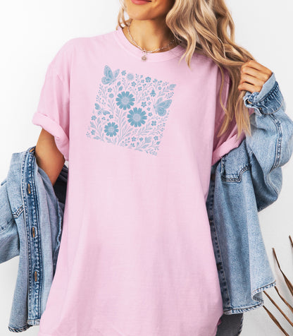 Blue Floral Butterfly Shirt, Monochrome Nature Bee & Wildflower T-Shirt