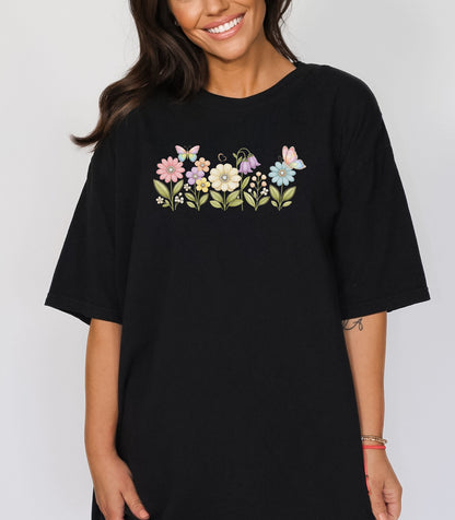 Spring Flowers and Butterflies Shirt, Pastel Floral Nature Garden T-Shirt