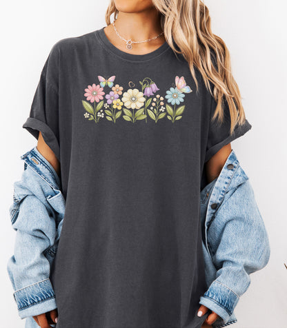 Spring Flowers and Butterflies Shirt, Pastel Floral Nature Garden T-Shirt