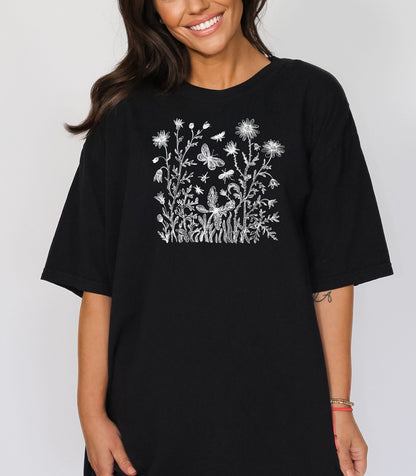 Wildflowers and Butterflies Shirt, Wildflower Meadow Tee, Botanical Nature Spring Garden T-Shirt