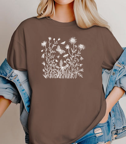 Wildflowers and Butterflies Shirt, Wildflower Meadow Tee, Botanical Nature Spring Garden T-Shirt