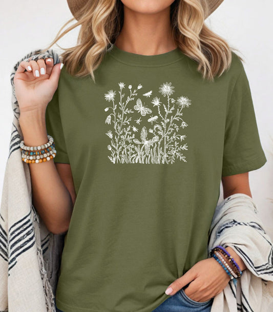 Wildflowers and Butterflies Shirt, Wildflower Meadow Tee, Botanical Nature Spring Garden T-Shirt