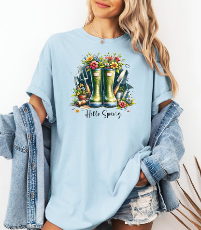 Hello Spring Gardening Shirt, Floral Rain Boots Garden Lover T-Shirt
