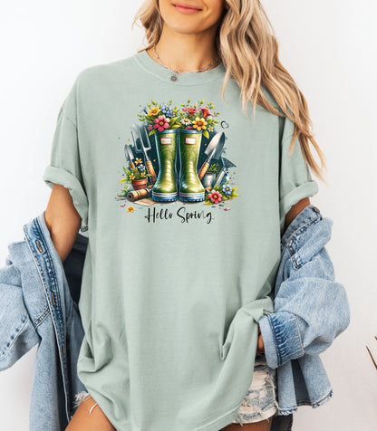 Hello Spring Gardening Shirt, Floral Rain Boots Garden Lover T-Shirt