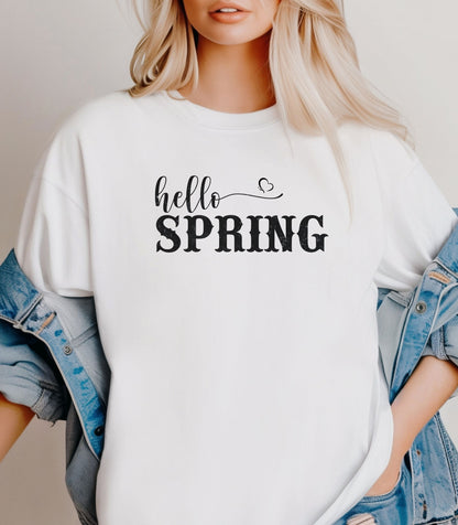 Hello Spring T-Shirt | Handlettered Script & Stencil Text