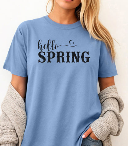 Hello Spring T-Shirt | Handlettered Script & Stencil Text