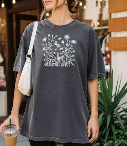Wildflowers and Butterflies Shirt, Wildflower Meadow Tee, Botanical Nature Spring Garden T-Shirt