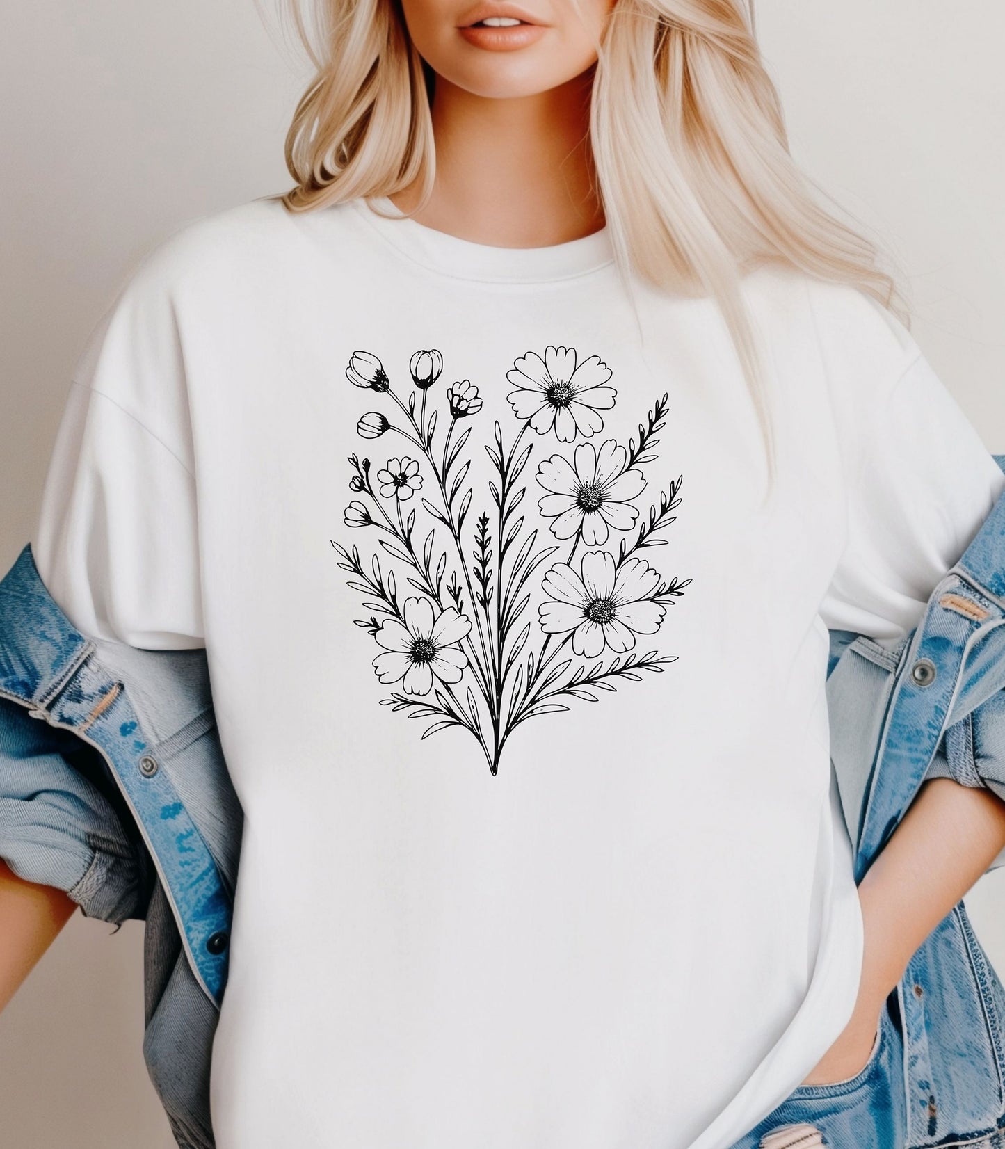 Wildflower Bouquet Line Art Shirt, Elegant Floral Outline Nature T-Shirt