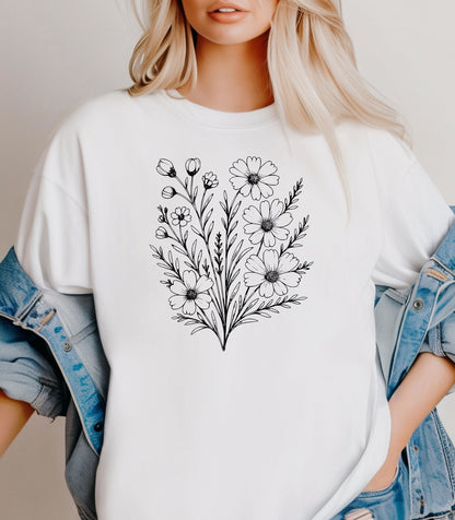Wildflower Bouquet Line Art Shirt, Elegant Floral Outline Nature T-Shirt