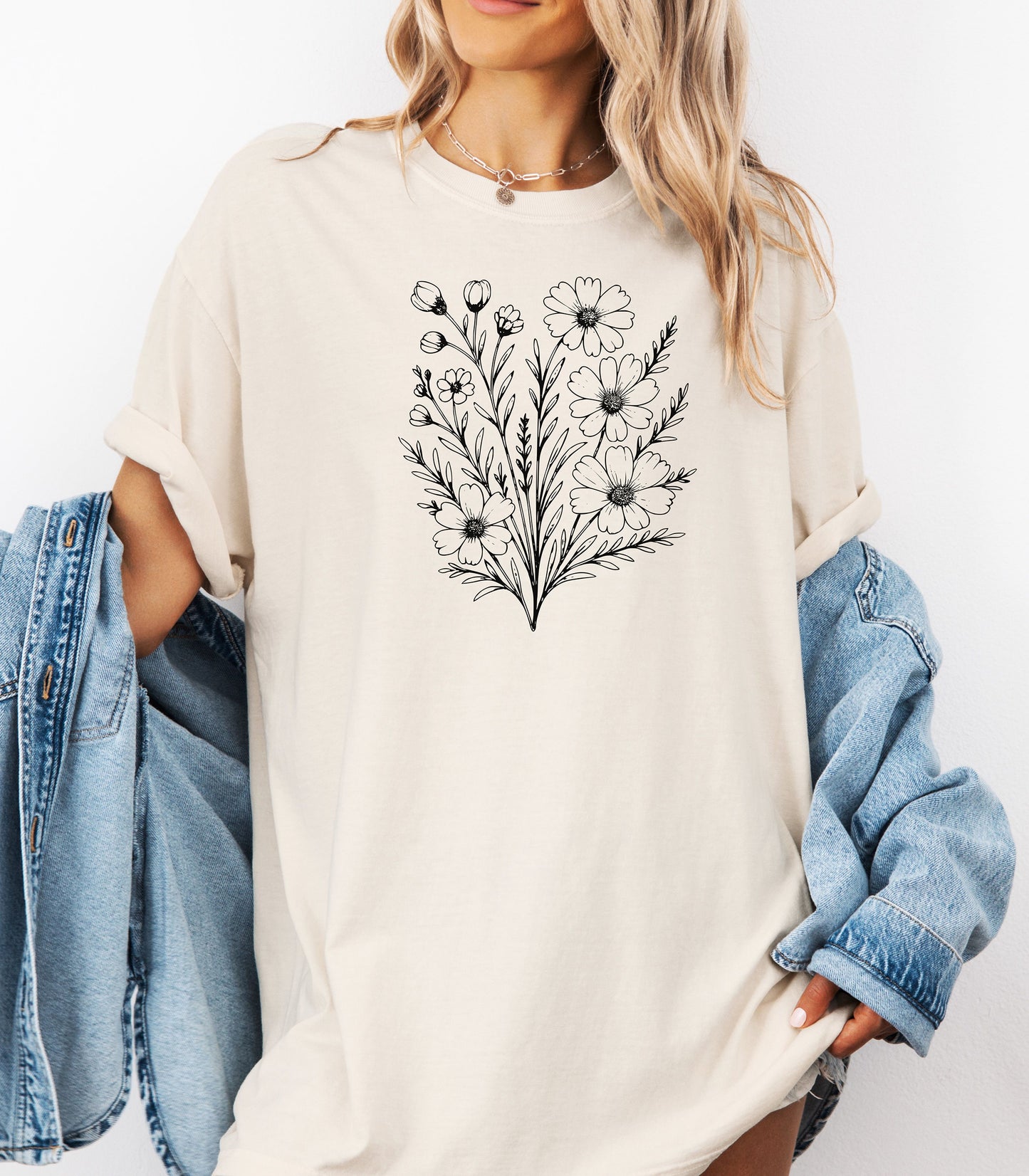 Wildflower Bouquet Line Art Shirt, Elegant Floral Outline Nature T-Shirt