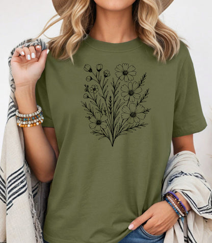 Wildflower Bouquet Line Art Shirt, Elegant Floral Outline Nature T-Shirt