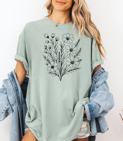 Wildflower Bouquet Line Art Shirt, Elegant Floral Outline Nature T-Shirt