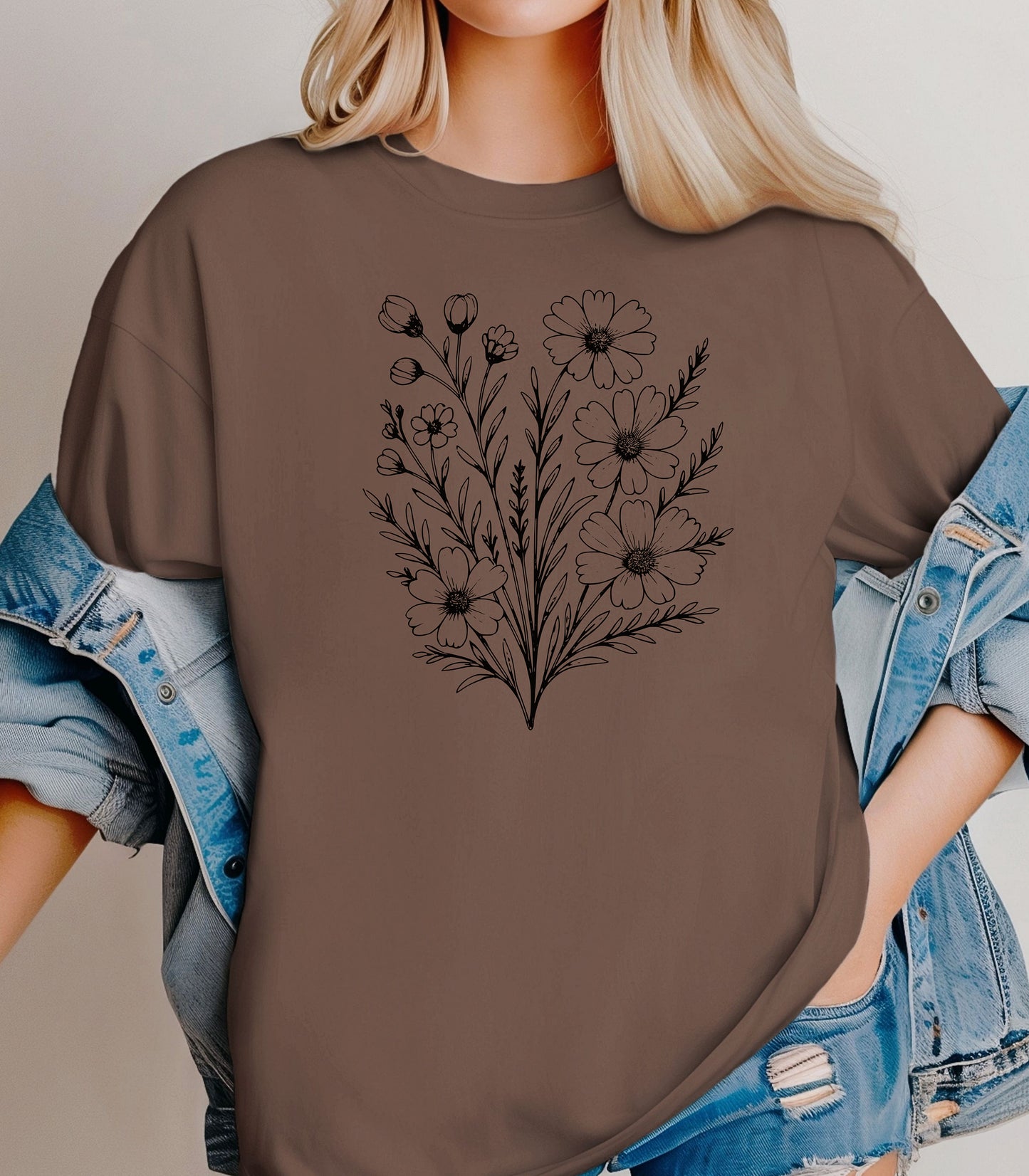 Wildflower Bouquet Line Art Shirt, Elegant Floral Outline Nature T-Shirt