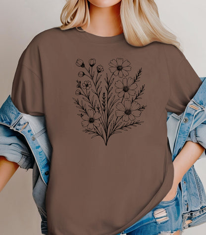 Wildflower Bouquet Line Art Shirt, Elegant Floral Outline Nature T-Shirt