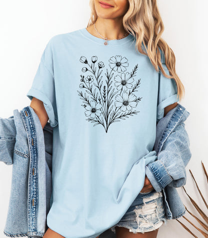 Wildflower Bouquet Line Art Shirt, Elegant Floral Outline Nature T-Shirt