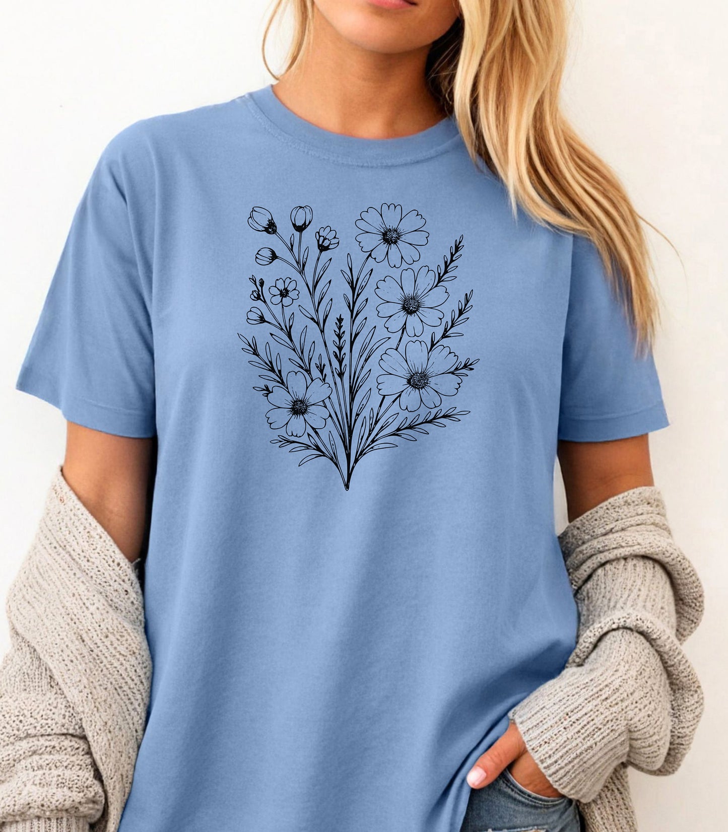 Wildflower Bouquet Line Art Shirt, Elegant Floral Outline Nature T-Shirt