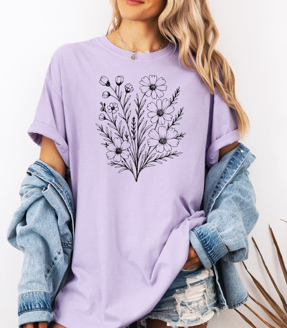 Wildflower Bouquet Line Art Shirt, Elegant Floral Outline Nature T-Shirt