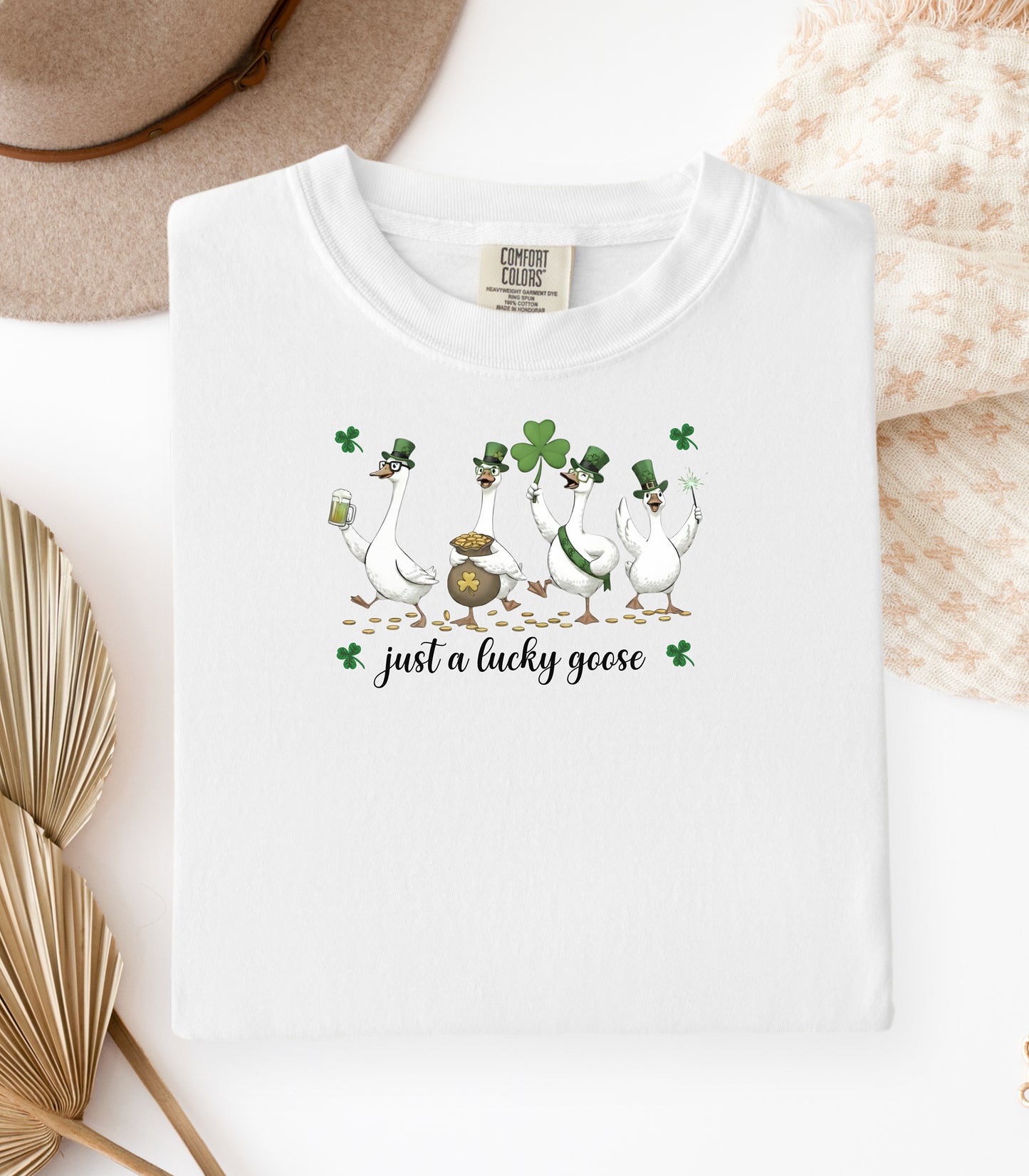 Just a Lucky Goose T-Shirt, St. Patricks Day Tee, Funny Geese with Shamrocks Design