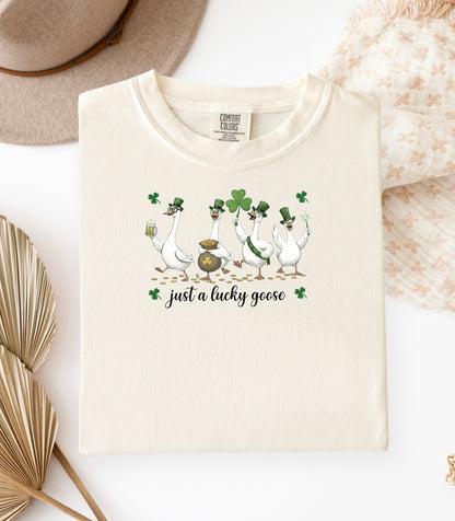 Just a Lucky Goose T-Shirt, St. Patricks Day Tee, Funny Geese with Shamrocks Design