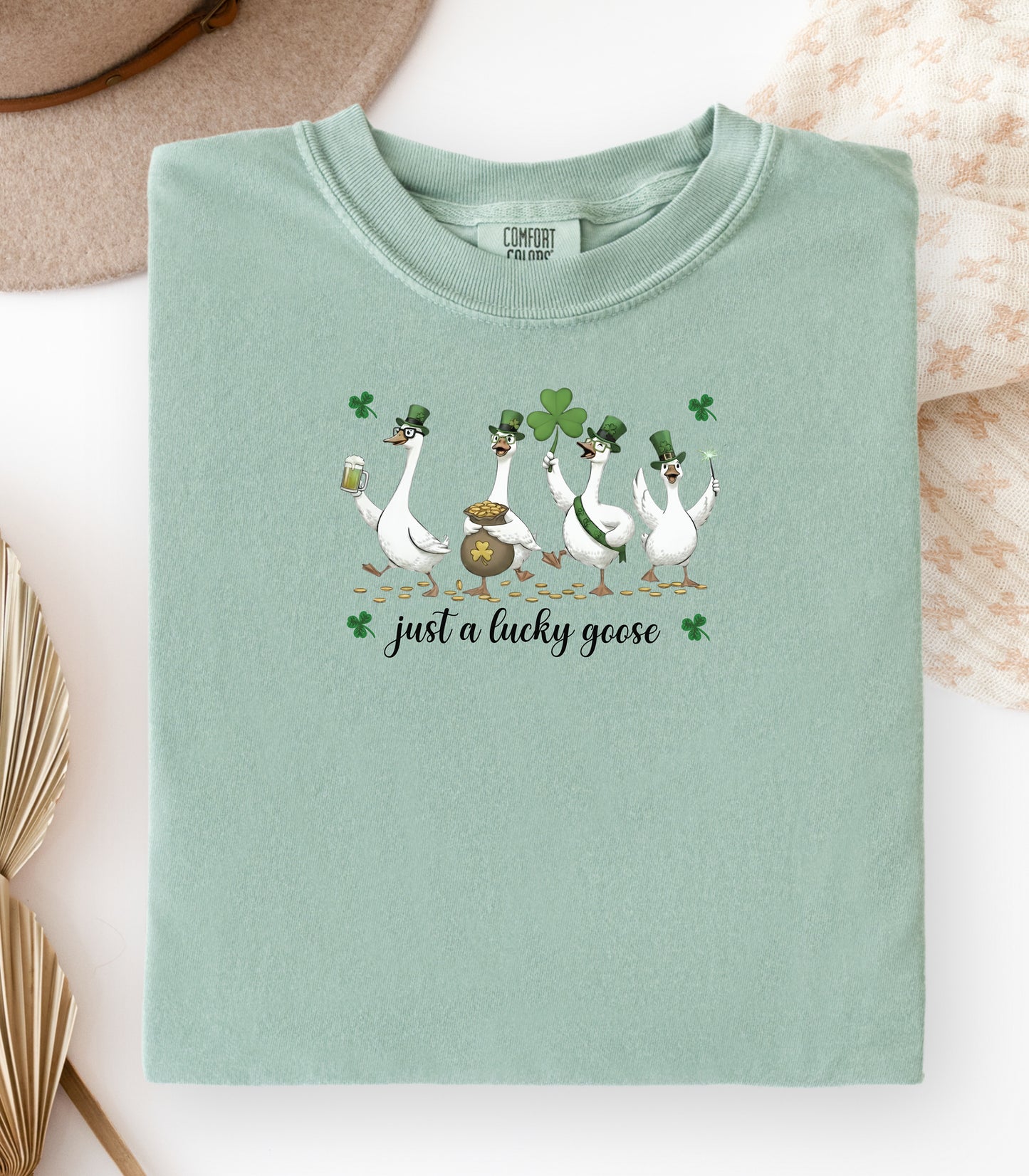 Just a Lucky Goose T-Shirt, St. Patricks Day Tee, Funny Geese with Shamrocks Design