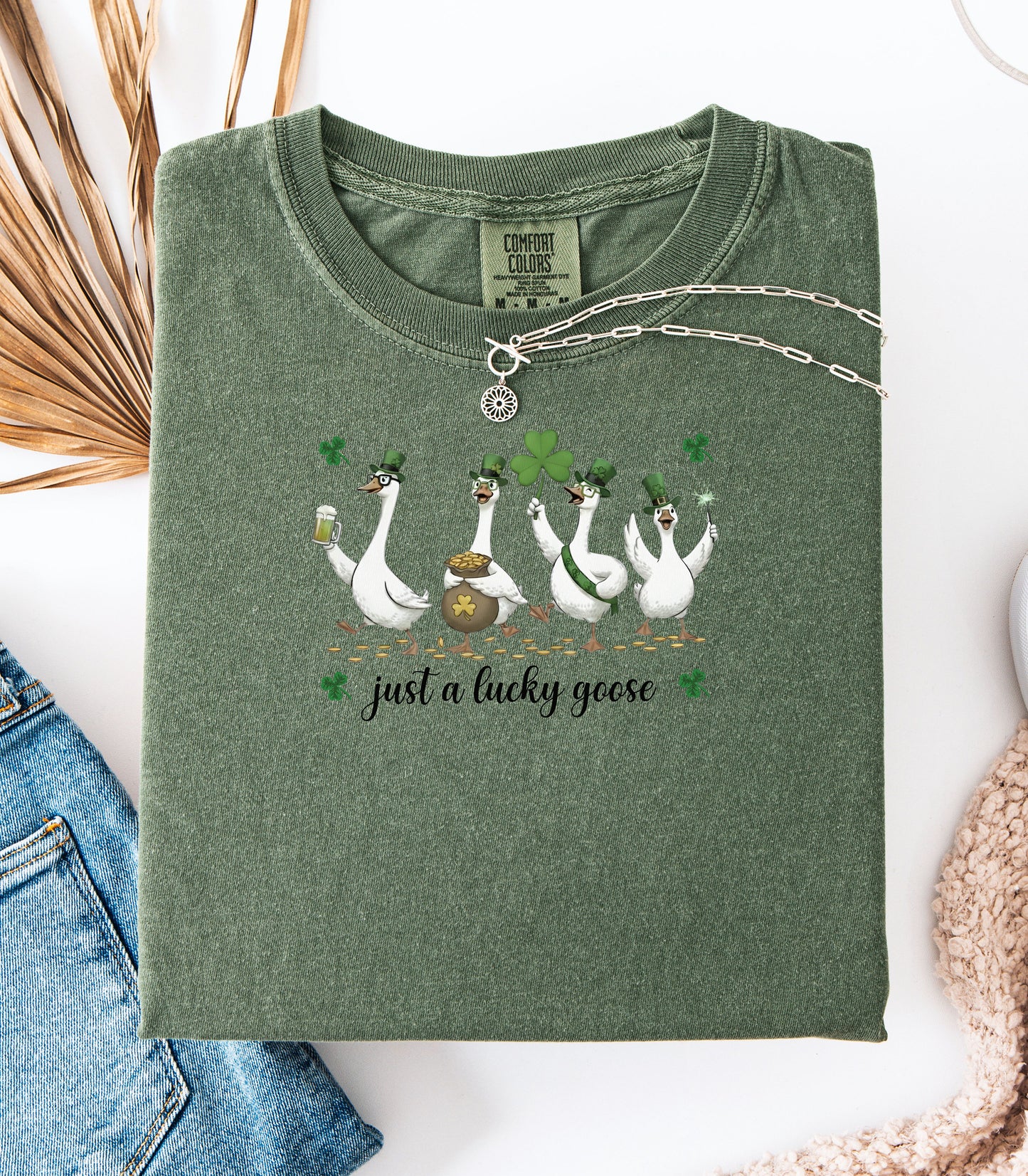Just a Lucky Goose T-Shirt, St. Patricks Day Tee, Funny Geese with Shamrocks Design