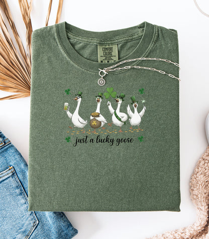 Just a Lucky Goose T-Shirt, St. Patricks Day Tee, Funny Geese with Shamrocks Design