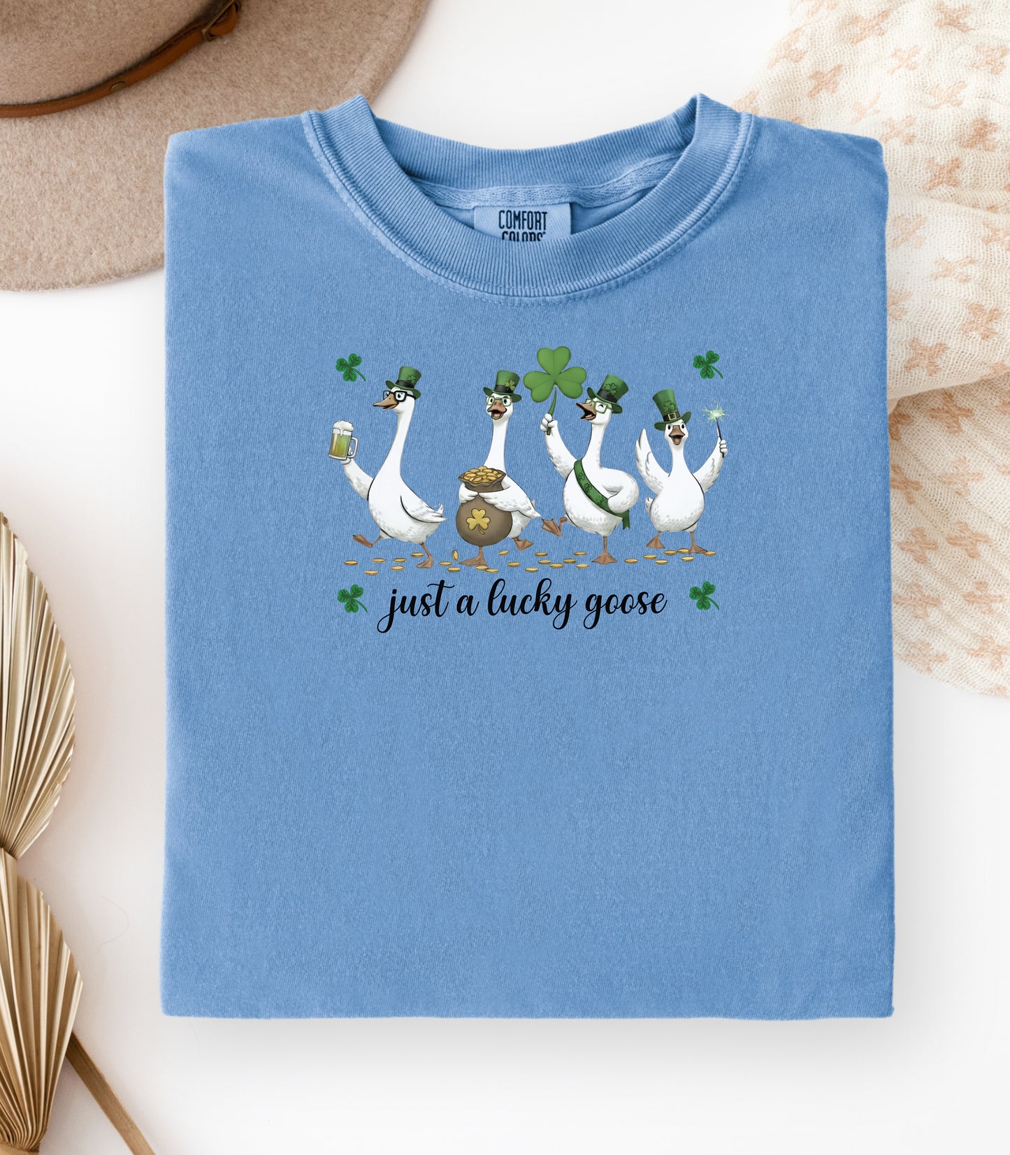 Just a Lucky Goose T-Shirt, St. Patricks Day Tee, Funny Geese with Shamrocks Design