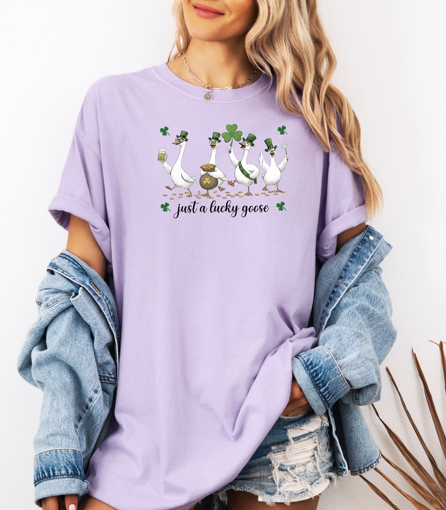 Just a Lucky Goose T-Shirt, St. Patricks Day Tee, Funny Geese with Shamrocks Design