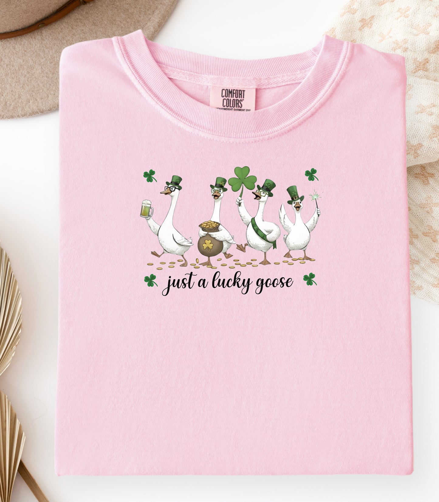 Just a Lucky Goose T-Shirt, St. Patricks Day Tee, Funny Geese with Shamrocks Design