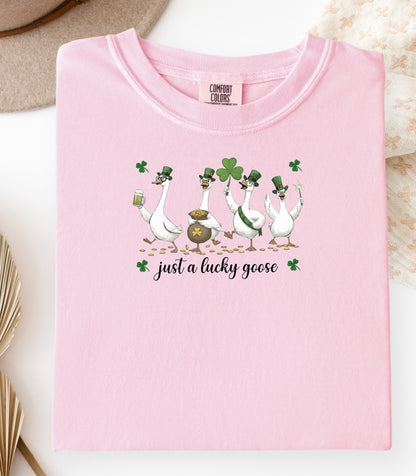 Just a Lucky Goose T-Shirt, St. Patricks Day Tee, Funny Geese with Shamrocks Design