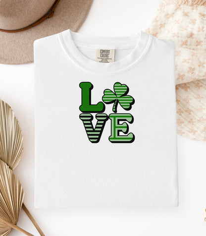LOVE Shamrock T-Shirt, St. Patricks Day Clover Tee, Lucky Irish Love Design