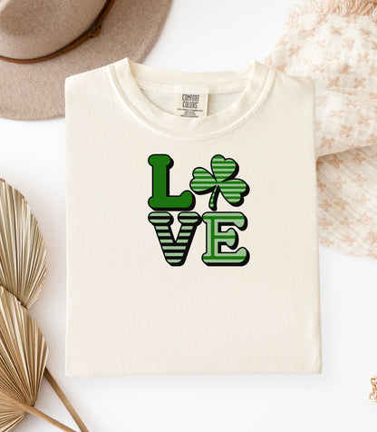 LOVE Shamrock T-Shirt, St. Patricks Day Clover Tee, Lucky Irish Love Design