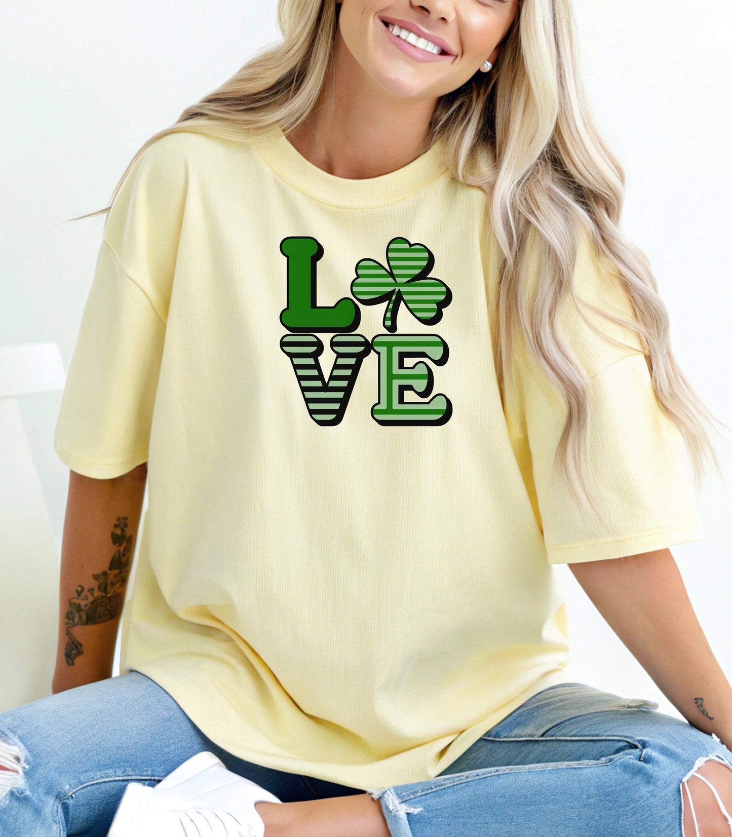 LOVE Shamrock T-Shirt, St. Patricks Day Clover Tee, Lucky Irish Love Design