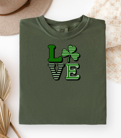 LOVE Shamrock T-Shirt, St. Patricks Day Clover Tee, Lucky Irish Love Design