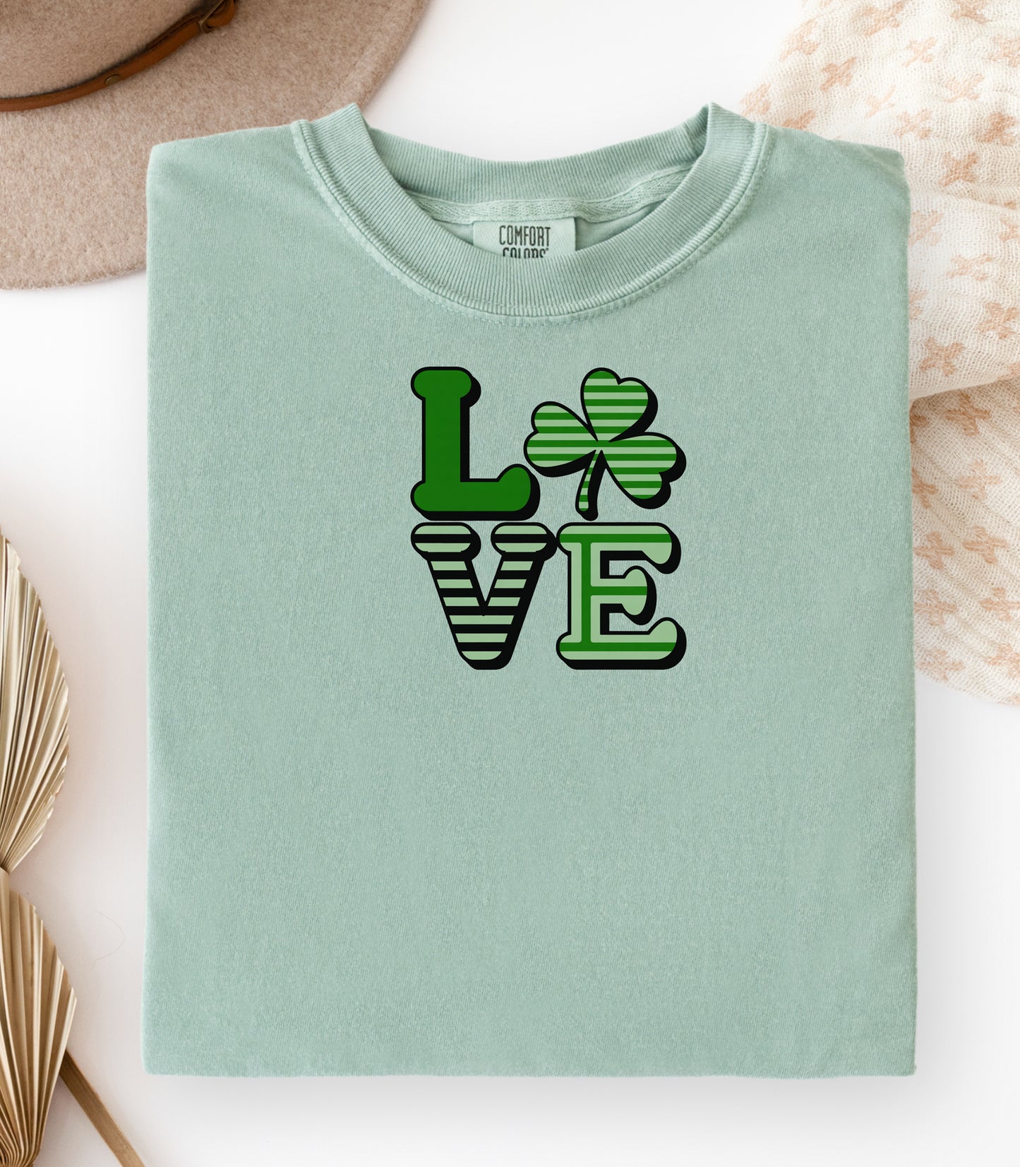 LOVE Shamrock T-Shirt, St. Patricks Day Clover Tee, Lucky Irish Love Design