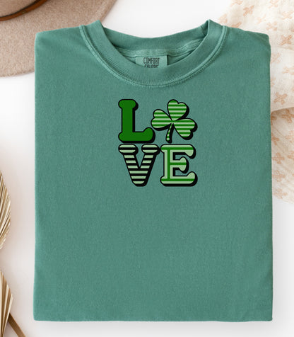 LOVE Shamrock T-Shirt, St. Patricks Day Clover Tee, Lucky Irish Love Design