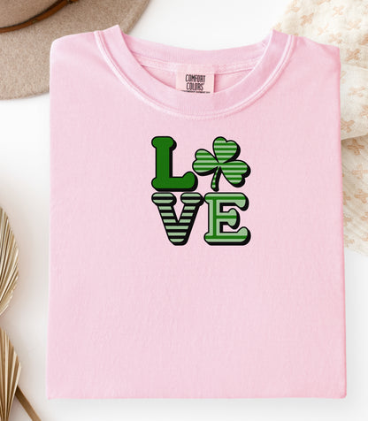 LOVE Shamrock T-Shirt, St. Patricks Day Clover Tee, Lucky Irish Love Design