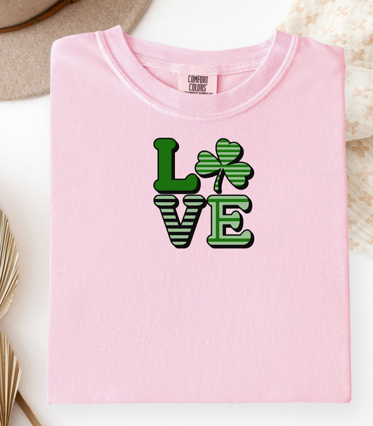 LOVE Shamrock T-Shirt, St. Patricks Day Clover Tee, Lucky Irish Love Design