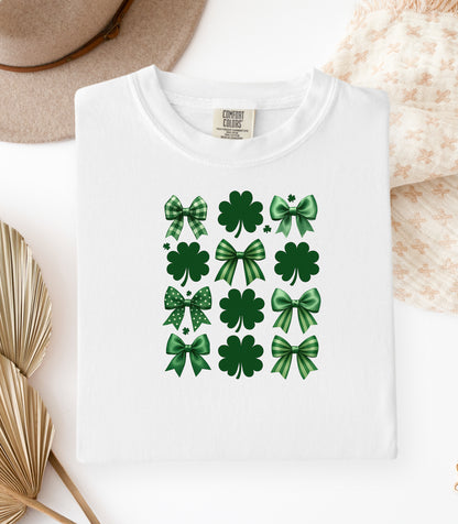 Lucky Shamrocks and Coquette Bows T-Shirt, St. Patricks Day Shamrock Pattern